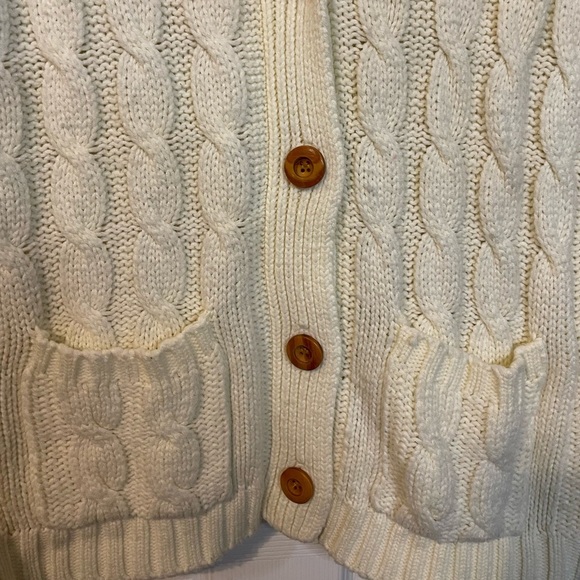 VTG ivory shawl collar acrylic cable knit cardigan w/ wooden buttons mens sz L - Picture 4 of 13